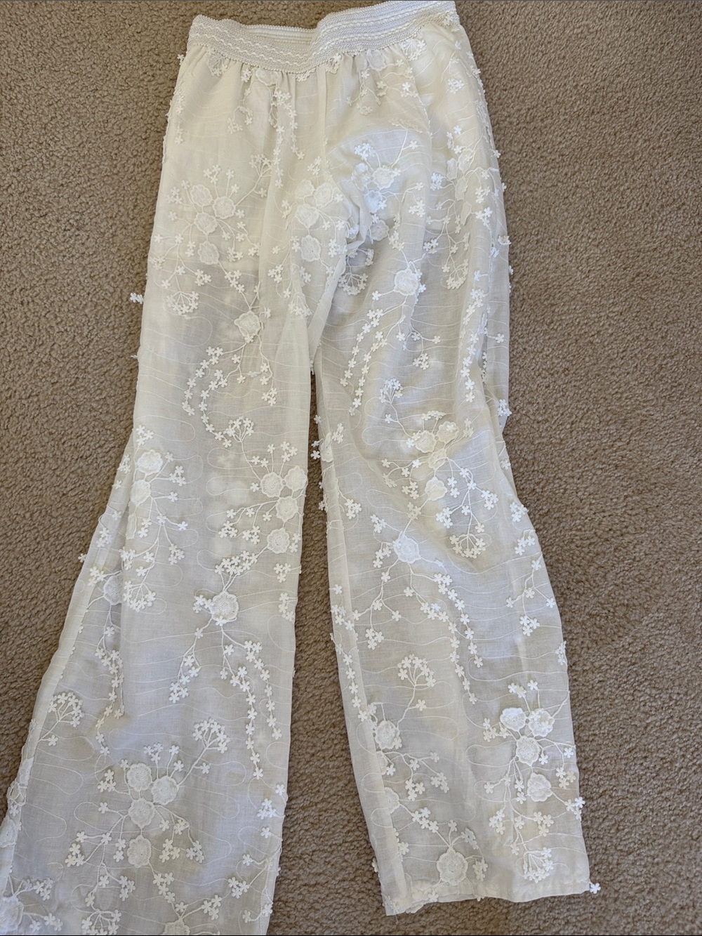 Sheer White Floral Embroidered Wide Leg Pants